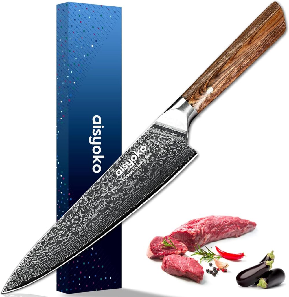 aisyoko Damascus chef knife 8-inch sharp kitchen knife Japan VG-10 stainless steel ergonomic color wooden handle luxury gift box - with scabbard