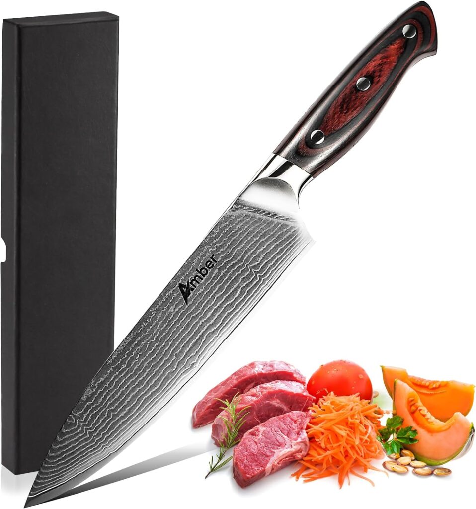 Ambertronix Professional Damascus Chef Knife 8 inch, Kitchen Knives Made of Japanese VG-10 Stainless Steel with Unique Pattern, Ultra Sharp Blade and Ergonomic Handle