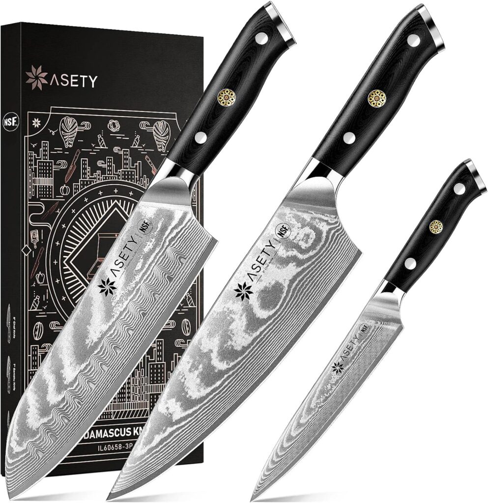 ASETY Damascus Knife Set 3 PCS, NSF Food-Safe Japanese Kitchen Knife Set with VG10 Steel Core, Ultra-Sharp Professional Chef Knife Set and Full Tang G10 Handle, Christmas Gifts