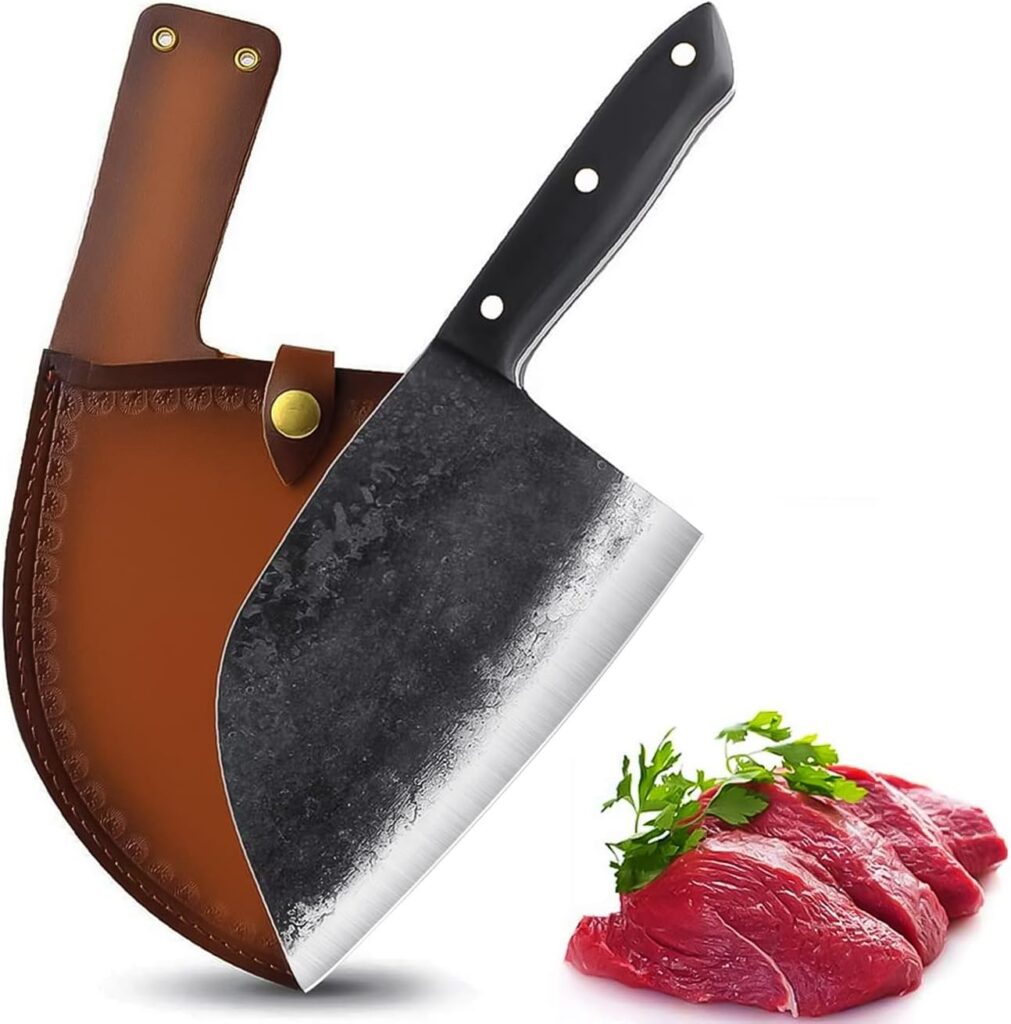 Dream Reach Forging Serbian Chef Knife Kitchen Chef Knives Full Tang High Carbon Clad Steel Almasi Butcher Cleaver with Leather Sheath (B-Almasi Knife)