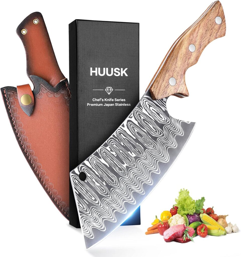 Huusk Japan Knife, Hand Forged Meat Cleaver Knife Japanese Kitchen Knife with Sheath Cooking Butcher Knife for Meat Cutting Vegetable Cleaver for Kitchen, Camping Thanksgiving Christmas Gifts