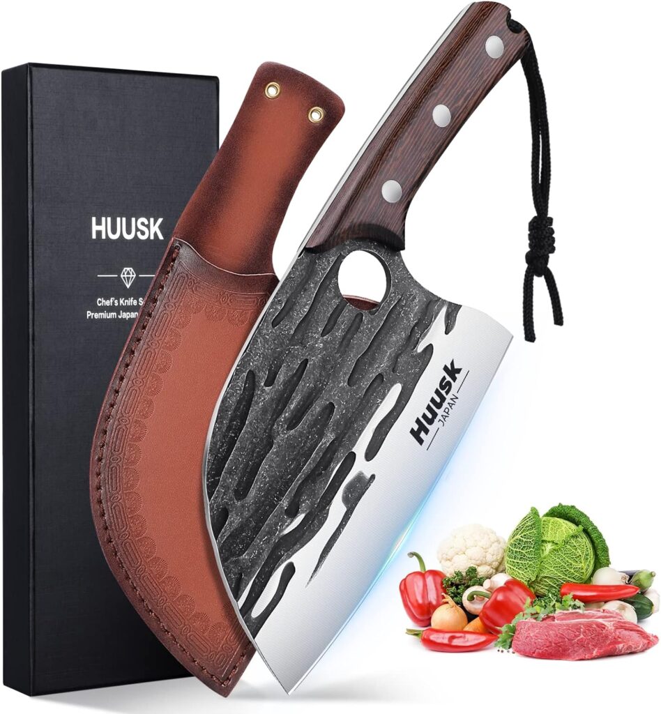 Huusk Japan Knives, Upgraded Serbian Chef Knife Japanese Meat Cleaver Knife for Meat Cutting Forged Butcher Knife with Sheath Full Tang Kitchen Chopping Knife for Home, Outdoor Cooking, Camping