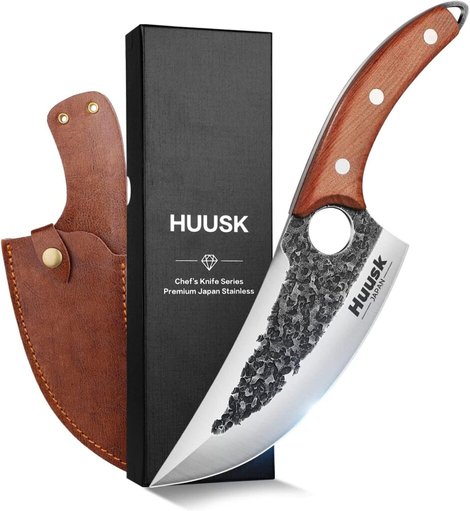 Huusk Knife Japan Kitchen, Upgraded Viking Knives with Sheath Hand Forged Butcher Knife for Meat Cutting Japanese Cooking Meat Cleaver Huusk Chef Knives for Outdoor Camping, BBQ