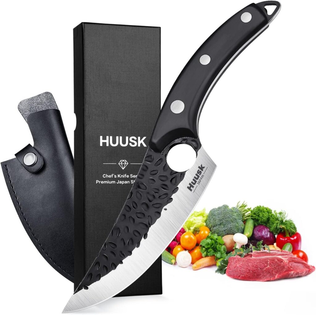 Huusk Knives from Japan, Boning Knife for Meat Cutting, Viking knife with sheath Caveman Ultimo Knife Hand Forged Full Tang Knife for Kitchen or Camping Christmas Gift