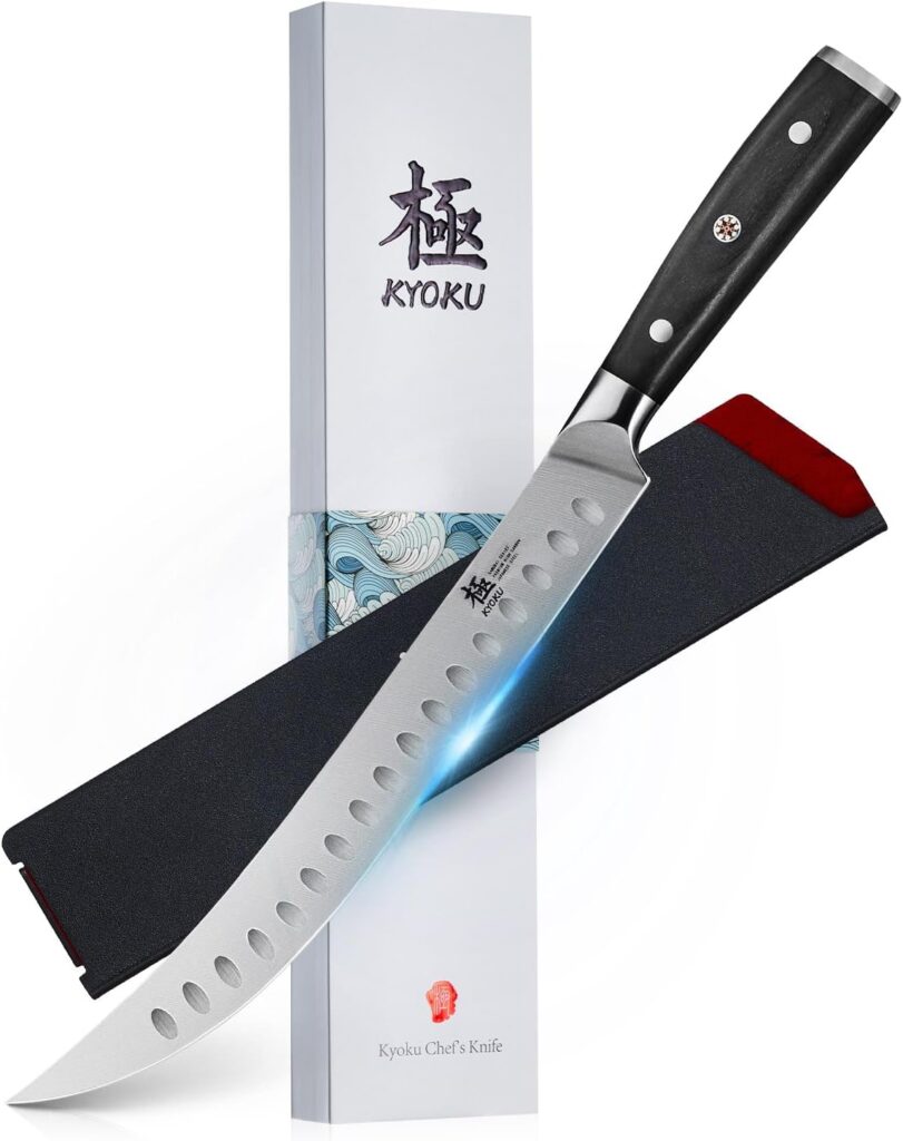 KYOKU 10 Scimitar Knife, Samurai Series Cimitar Breaking Knife with Pakkawood Handle, Japanese High Carbon Steel Butcher Knife, Full Tang Meat Slicing Knife for Roast Ham Poultry with Sheath and Case