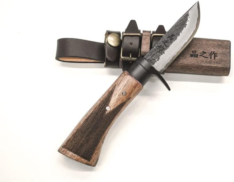 Masano Tosa Forged Damascus Mini Knife bip-811 Sword-shaped Blade Double Edge Blue 2 Damascus Steel Black Hammer Black Guard Wood Handle(Oil Stained) Wood Case(Oil stained) with band Bushcraft