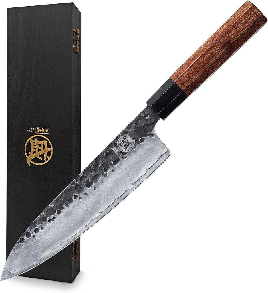 MITSUMOTO SAKARI 8 inch Japanese Gyuto Chef Knife, Professional Hand Forged Kitchen Chef Knife, 3 Layers 9CR18MOV High Carbon Meat Sushi Knife (Rosewood Handle  Gift Box)