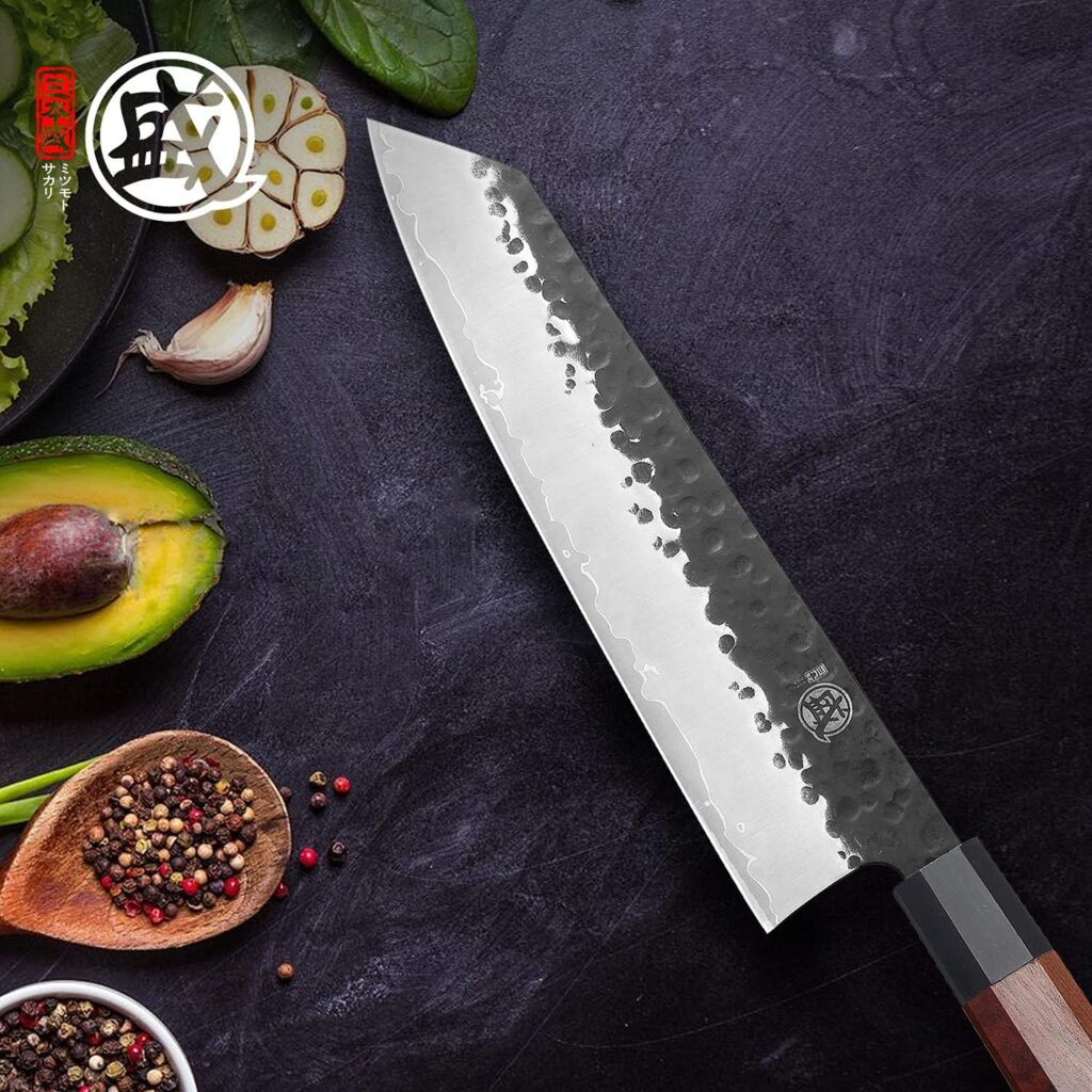 MITSUMOTO SAKARI 8 inch Japanese Gyuto Chef Knife, Professional Hand Forged Kitchen Chef Knife, 3 Layers 9CR18MOV High Carbon Meat Sushi Knife (Rosewood Handle  Gift Box)