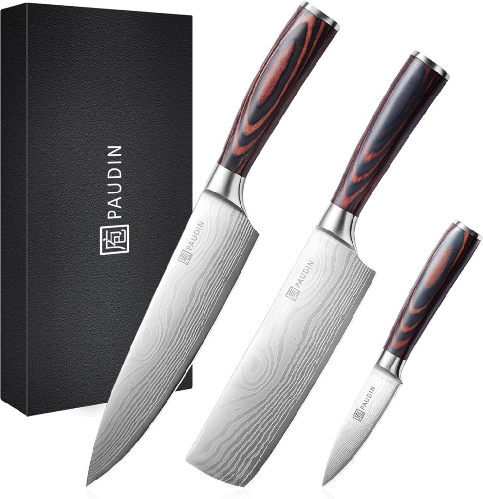 PAUDIN Kitchen Knife Set, 3 Piece High Carbon Stainless Steel Professional Chef Knife Set with Ultra Sharp Blade  Wooden Handle (Kitchen Knife Set 3 Pcs)