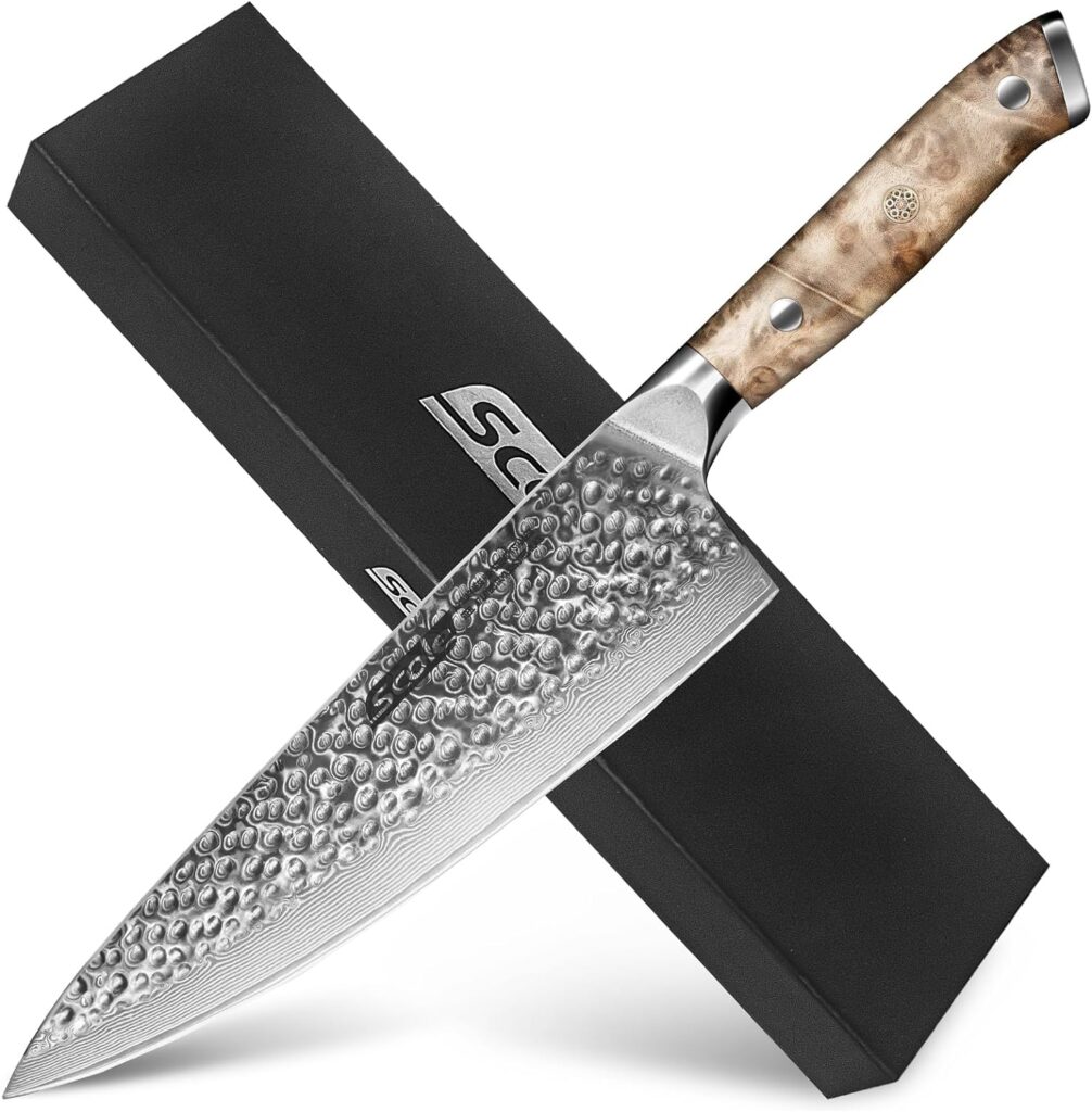 SCOLE® Chef Knife Damascus, 8 Inch Japanese Chefs Knife Razor Sharp, 67 Layers VG-10 Super Damascus Stainless Steel Kitchen Knife with Unique White Shadow Wood Handle Triple Rivet Full Tang, Gift Box