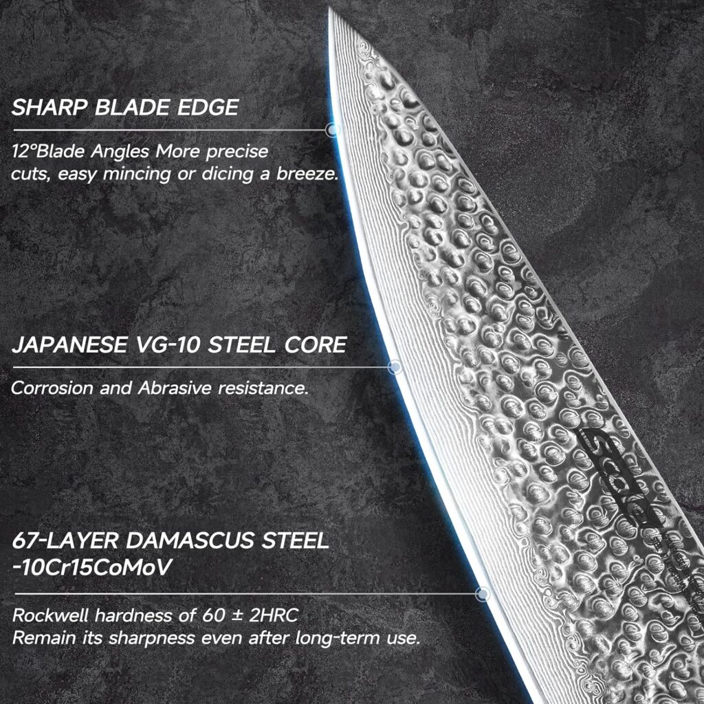 SCOLE® Chef Knife Damascus, 8 Inch Japanese Chefs Knife Razor Sharp, 67 Layers VG-10 Super Damascus Stainless Steel Kitchen Knife with Unique White Shadow Wood Handle Triple Rivet Full Tang, Gift Box