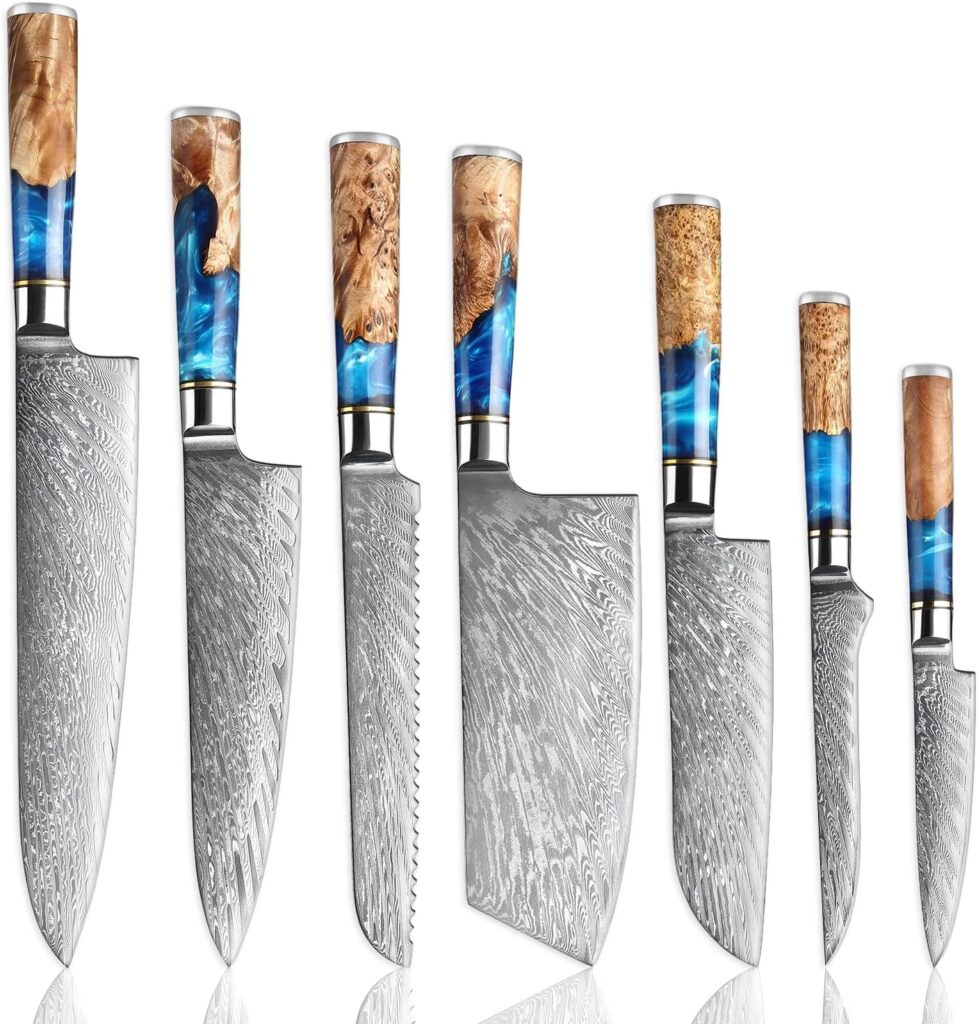 SENKEN 7-Piece Damascus Kitchen Knife Set - Tsunami Collection - 67-Layer Japanese VG10 Steel - Chefs Knife, Cleaver, Santoku, Bread, Boning,  More