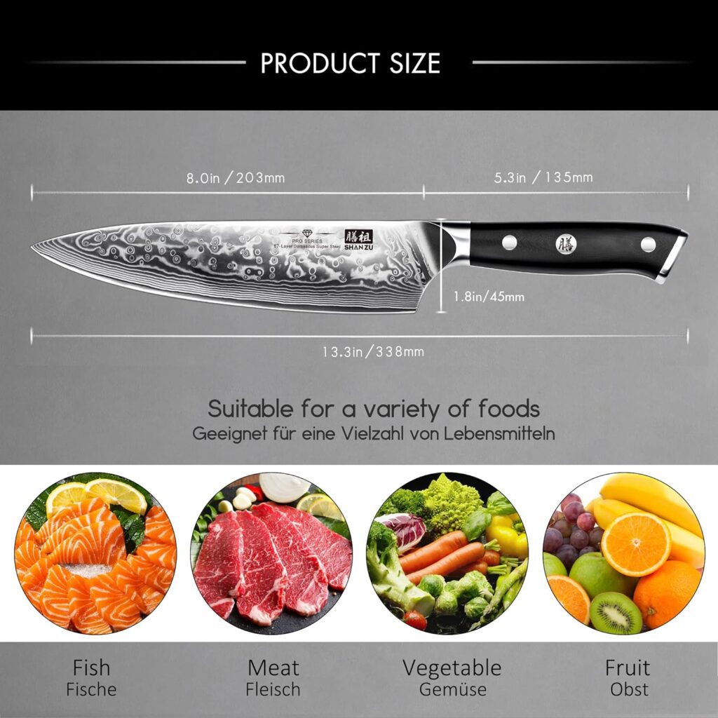 SHAN ZU Chef Knife 8 Inch Japanese Steel Damascus Kitchen Knife, Professional Kitchen Knives Sharp High Carbon Super Steel Kitchen Utility Knife