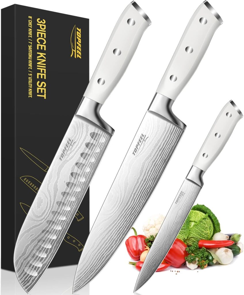 Topfeel 3PCS Professional Chef Knife Set, Sharp Japanese Kitchen Knife, German High Carbon Stainless Steel 8 inch chefs knives 7 inch Santoku 5 inch Knife Utility Knife with Gift Box