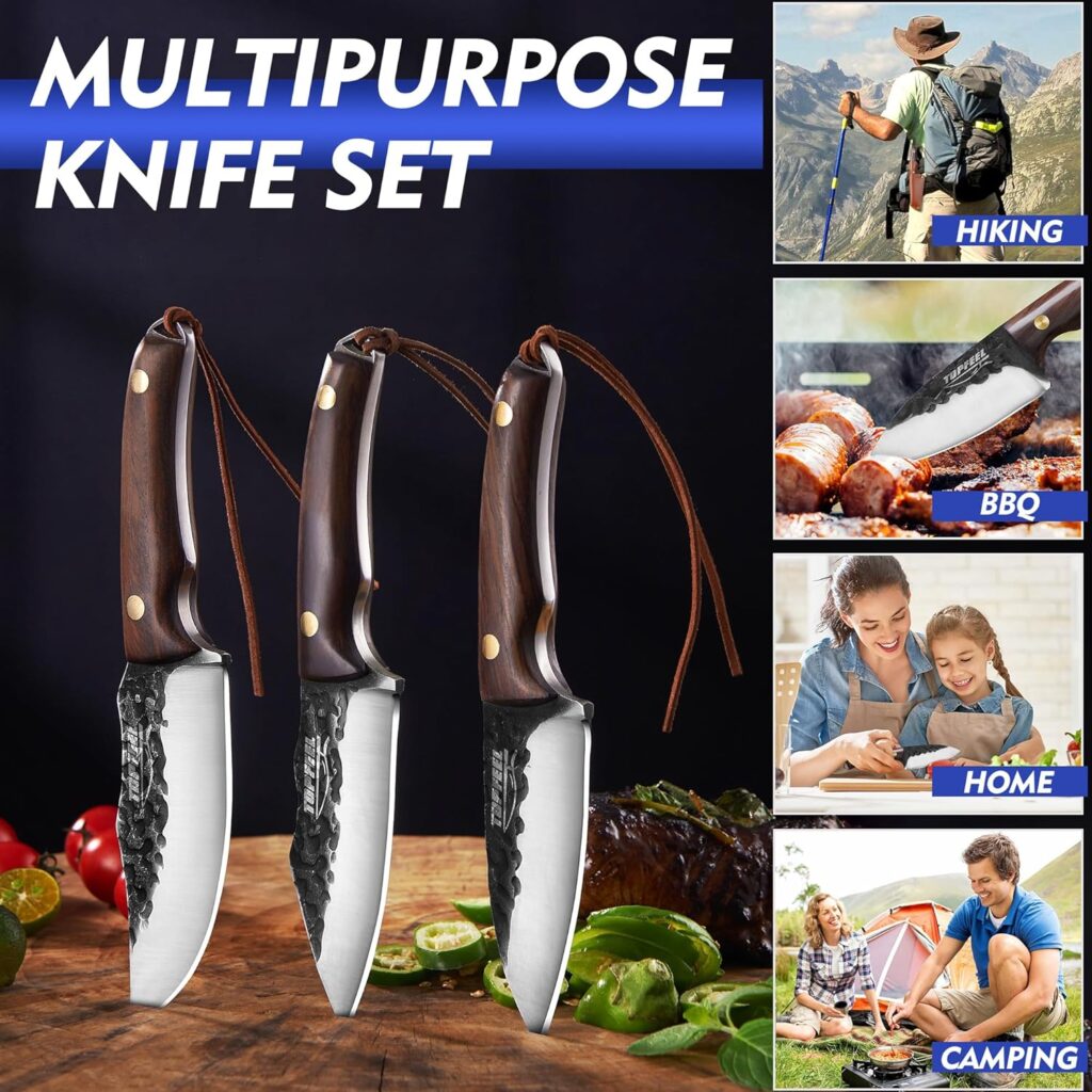 Topfeel 3PCS Viking Knife Set with Sheath Hand Forged Boning Knife Butcher Meat Cleaver Knife Japan Kitchen Knife for Home, Outdoor, BBQ, Camping Father Day Gifts