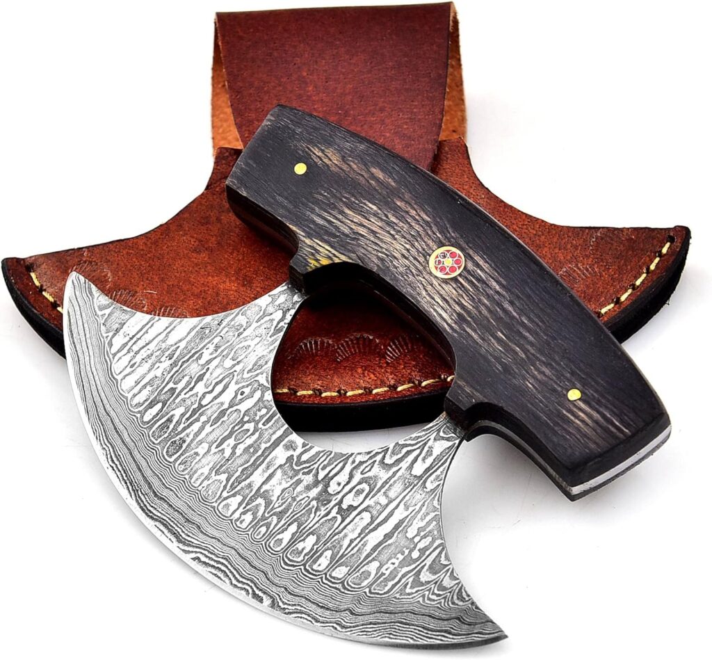 DAMASK HUT Custom Handmade Damascus Steel Ulu Knife - Alaskan Damascus Ulu Knife With Sheath - Multi-Purpose Damascus Alaska Knives For Skinning, Chopping,Rocking, Mincing, Slicing Meat  Herb (Black)