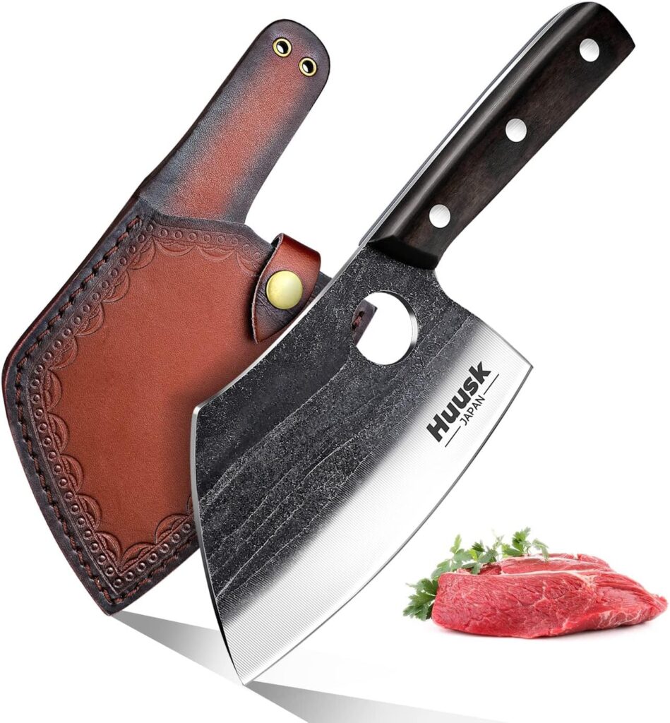 Huusk Serbian Chef Knife with Full Tang Handle Forged Butcher Knives for Meat Cutting Meat Cleaver Knife with Sheath for Halloween Kitchen Hunting or Camping Outdoor Christmas Gift