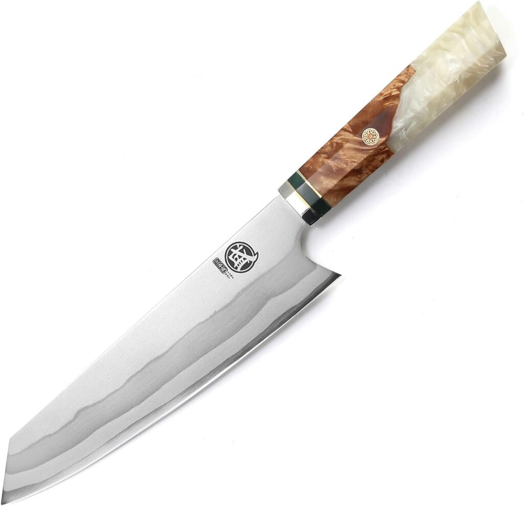 MITSUMOTO SAKARI 8 inch Japanese Kiritsuke Chef Knife, Hand Forged 67 Layers 440C Damascus Steel Kitchen Knives, Professional Meat Sushi Chefs Knife (White Pomegranate Handle  Gift Box)