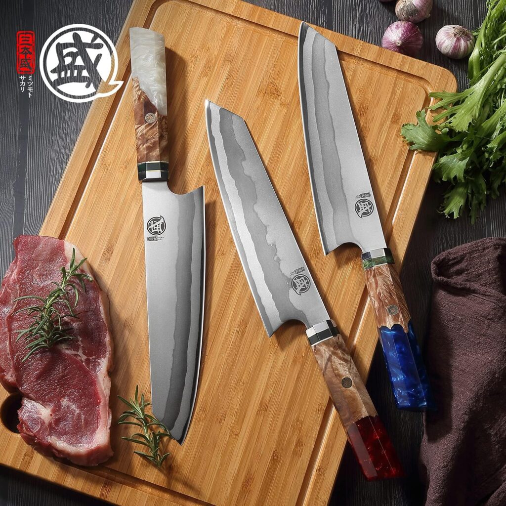 MITSUMOTO SAKARI 8 inch Japanese Kiritsuke Chef Knife, Hand Forged 67 Layers 440C Damascus Steel Kitchen Knives, Professional Meat Sushi Chefs Knife (White Pomegranate Handle  Gift Box)